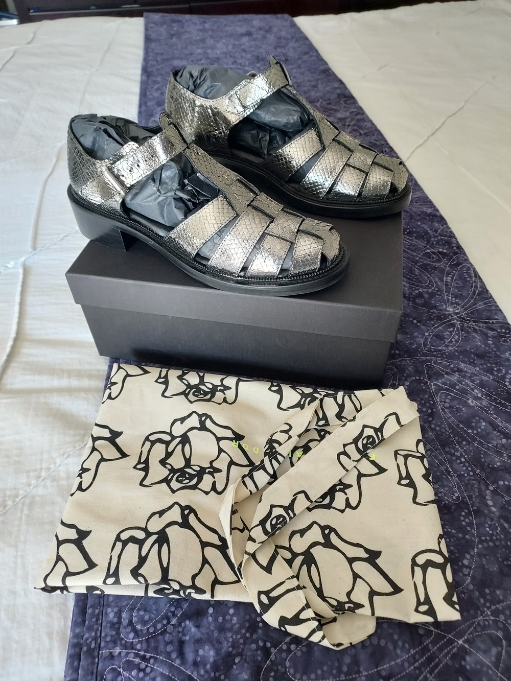 Freda Salvador Dahlia Metallic Silver Fisherman Sandal Heels, NIB, 8